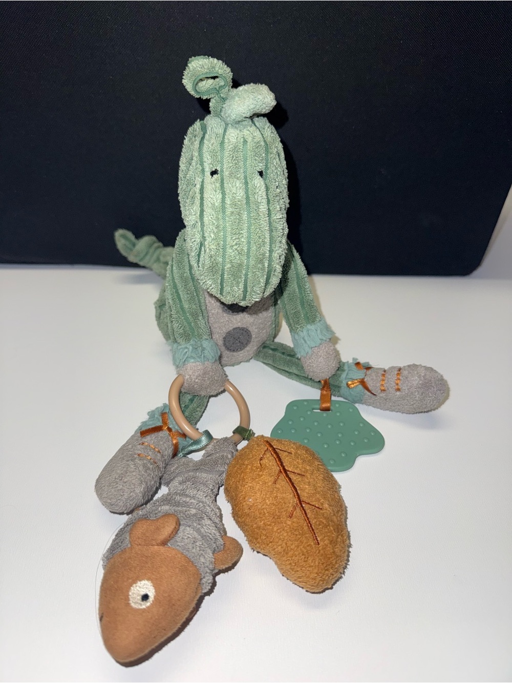 Jellycat Mint Green Dragon Teething Plush with Leaf & Squirrel Charms